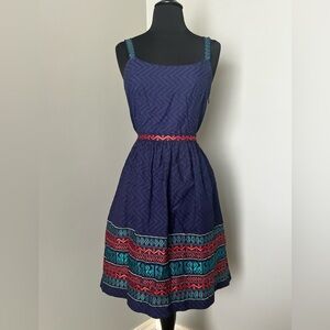 Anna Sui for Anthropologie Navy Embroidered Fit Flare Dress Sz 12